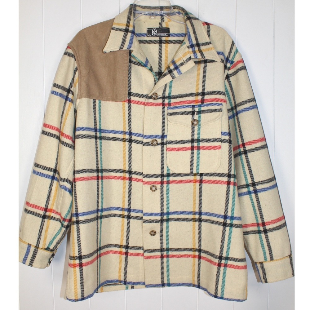 VTG Lobo by Pendleton 100% Wool Shoulder Patch Cream and Striped Shirt Jacket LG